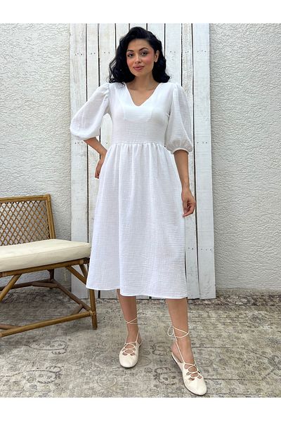 KÜÇÜĞÜM BUTİK White V-Neck Muslin Dress