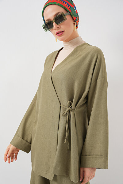 Bigdart Women's Double Breasted Collar Kimono Bottom Top Set 6743 - Khaki