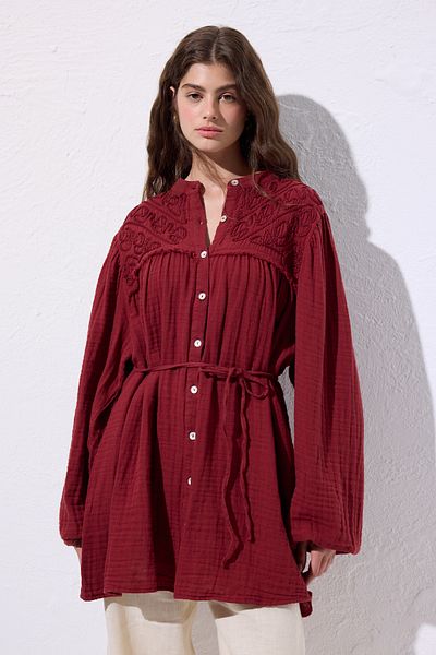 Manuka Muslin Embroidered Shirt Red