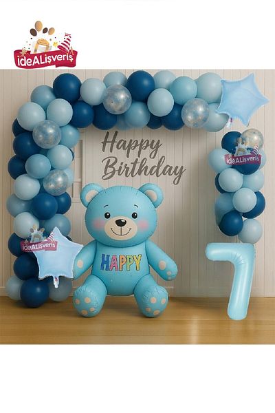 Bkmc Blue Age Teddy Bear Foil Balloon Birthday Party Set Ornament for Boys