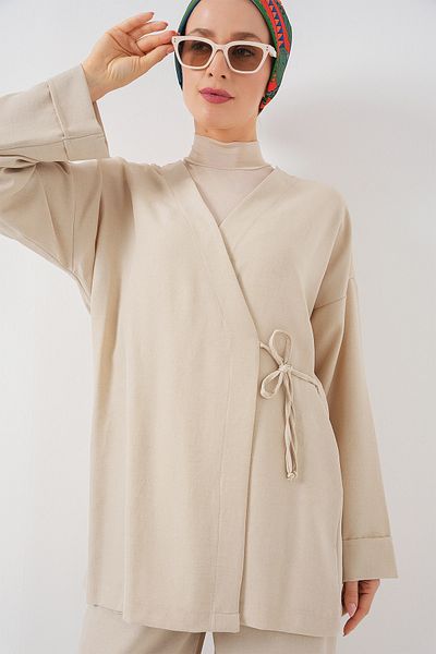 Bigdart Women's Double Breasted Collar Kimono Bottom Top Set 6743 - Beige