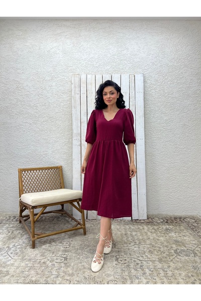 KÜÇÜĞÜM BUTİK Φόρεμα μουσελίνας μπορντό με λαιμόκοψη V