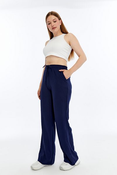 Özge Sibel Navy Blue Linen Blend Loose-Fit Trousers