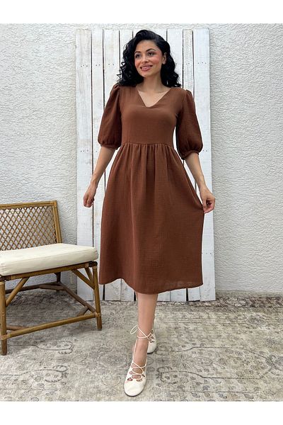 KÜÇÜĞÜM BUTİK Brown V-Neck Muslin Dress