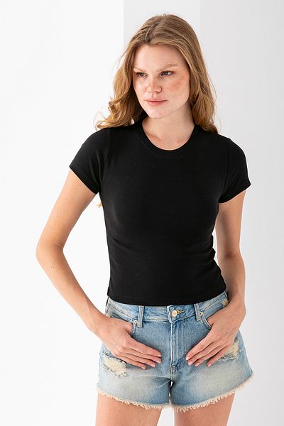 GİYSA Women's Crew Neck Cotton Basic Body Black - 25873
