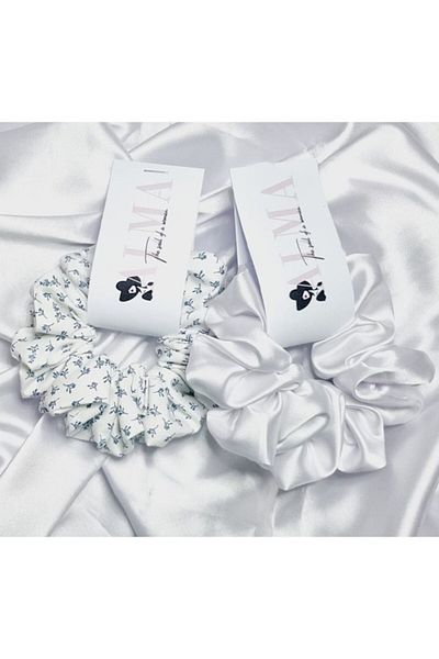 Alma Set 2 XL Hair Elastics from Silky Satin and Delicate Cotton, White and White with Blue Flowers, Alma