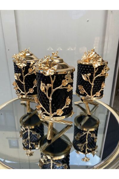 AZADE BAKIR GOLD PİRİNÇ JAPONGÜL KRİSTAL SİYAH CAM KAVANOZ 3’Lü SET