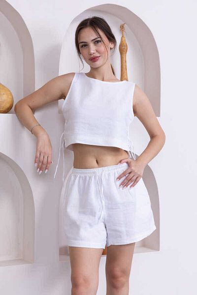 MOSRANİC Women's White 100% Linen Shorts Pants Blouse 3 Piece Set Msc244