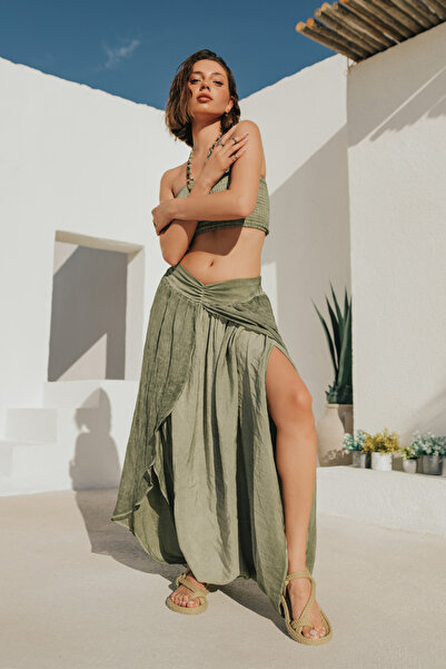 MODA Gaia Şalvar Kadın Otantik Beli Lastikli Yırtmaçlı Salaş Etek Bohem Pantolon