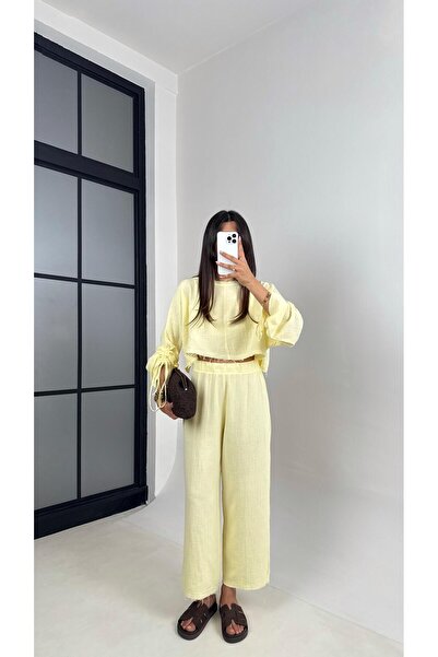 Gaus Sarı Kol Büzgülü Crop Beli Lastikli Pantolon Tasarım Müslin Takım Gaus00581