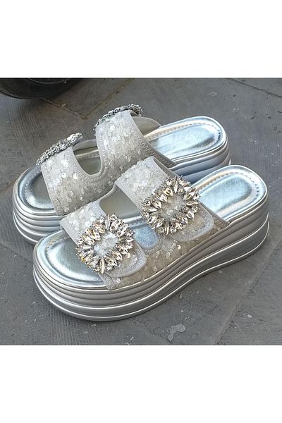 Guja 25Y405-2 Women's High Sole Stone Double Tape Velcro Adjustable Slippers