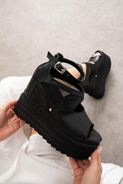 Modanizm Melan Black Wedge Heeled Sandals
