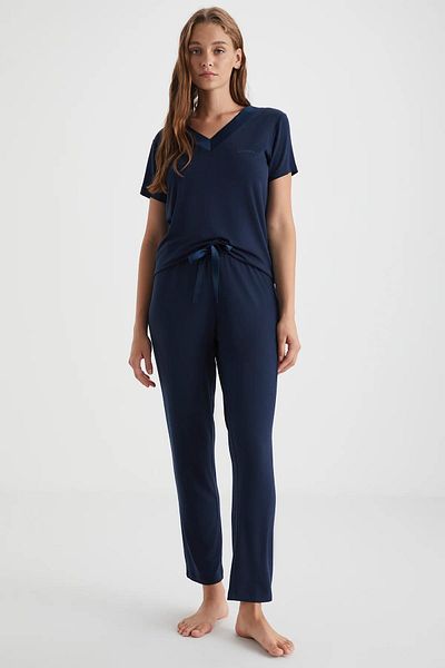 Catherine's Navy Blue Women's Summer Pajama Set – Short Sleeve, Viscose, Comfortable Fit C6T4N32