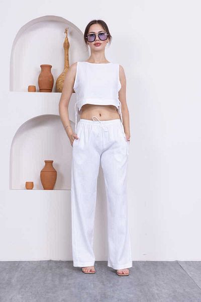 MOSRANİC Women's White 100% Linen Shorts Pants Blouse 3 Piece Set Msc244