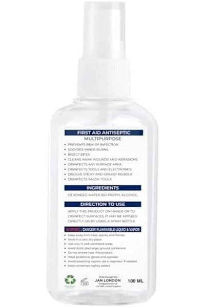 JAN LONDON Isopropyl Rubbing Alcohol 70% 100ml Spray | Antiseptic & Cleaner for Wounds, Surfaces & Electronics