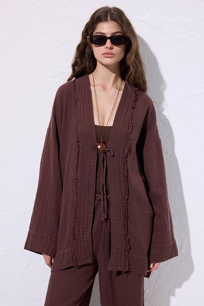 Manuka Muslin Wide Sleeve Kimono Bitter Brown