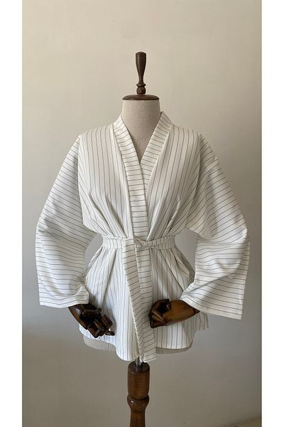Glowear Atelier Striped White Striped Design Belted Kimono