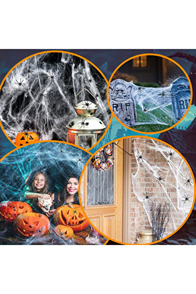 ARANEE Spider web set with 30 spiders and 24 bat stickers ARANEE, artificial cotton, white