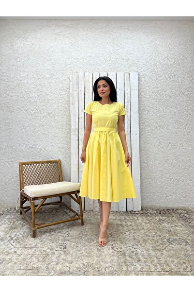 KÜÇÜĞÜM BUTİK Bisiklet Yaka Limon Sarısı Poplin Kloş Büzgülü Elbise