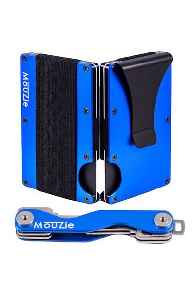 Mouzie Portofel premium pentru bărbați, aluminiu cu clemă metalică, protecție RFID, organizator de chei, albastru intens