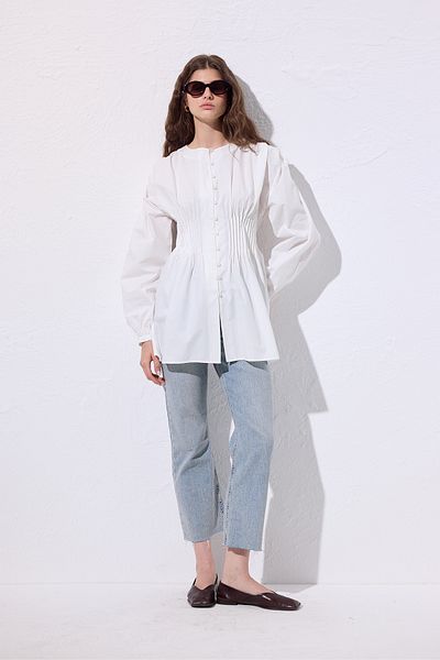 Manuka Beli Pile Detail Long Sleeve Bluz Ecru