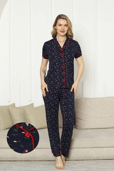 ALİMER Women's Pajama Set with Front Buttons - Navy Rose Pattern Short Sleeve Lycra Rink Viscose 2862Ky