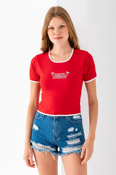 GİYSA Women's U-Neck Romantic Embroidered T-Shirt Red - 925054