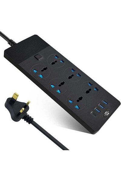 Saharaz TB-T12 Power Strips Extension Cord ,Plug Adapter,6 Sockets ,4 USB Ports 2M Extension Cord (Black)