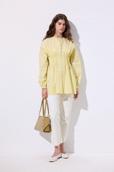 Manuka Beli Pile Detail Long Sleeve Bluz Yellow
