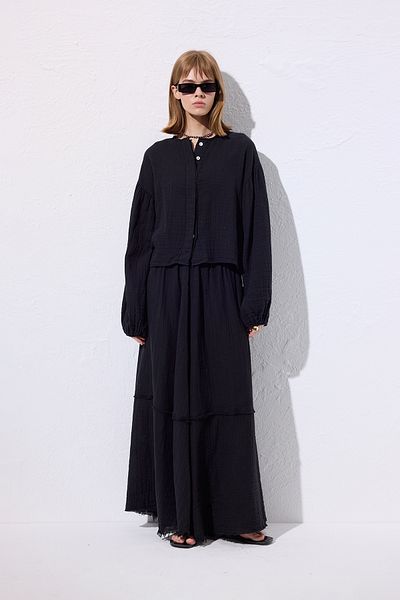 Manuka Muslin Balloon Sleeve Short Bluz Black