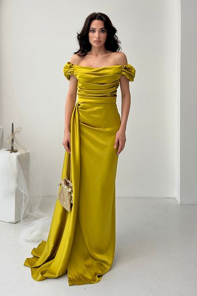 Serica Moda Off Shoulder Draped Evening Dress
