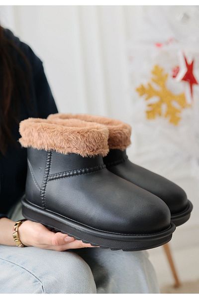 CONAHOME Mordi Black Oval Toe Waterproof Boots with Fur Inside