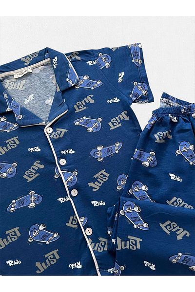 seamlife Set de pijamale sezoniere pentru băieți, 100% bumbac, cu model de skateboard, cămașă albastră, cu nasturi, cu mânecă scurtă
