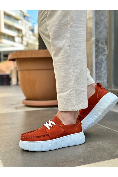 TUGERDİ Tugerdi Orange Linen Lightweight High Sole Lace-Up Style Men's Summer Shoes Tge230826