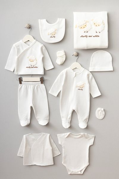 Bebitof Cute Lamb Patterned 10 Piece Boxed Newborn Hospital Release Bodysuit Set