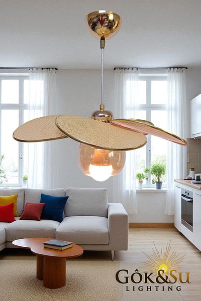 Göksu Lighting Rattan Propeller Model Pendant Lamp Chandelier Living Room Hall Entrance Kitchen