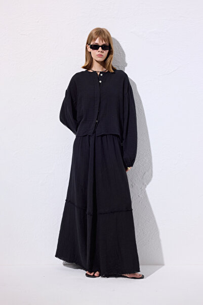 Manuka Muslin Balloon Sleeve Short Bluz Black