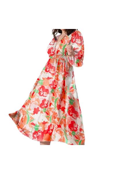OEM Long summer dress, airy, floral, pink, with long sleeves and deep V neckline XL INTL