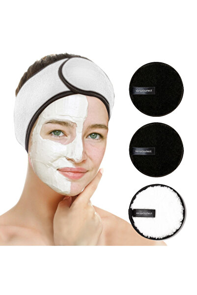 Wownect وسادة إسفنجية قابلة لإعادة الاستخدام لإزالة المكياج مع عصابة رأس وقما...