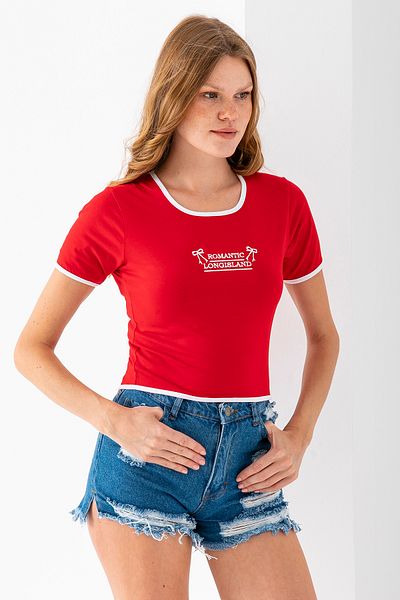 GİYSA Women's U-Neck Romantic Embroidered T-Shirt Red - 925054