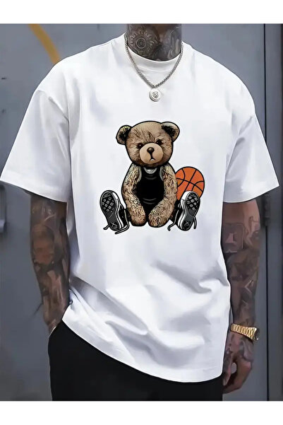 AEMİ تي شيرت برقبة دائرية كبير الحجم مطبوع عليه دب كرة السلة للجنسين