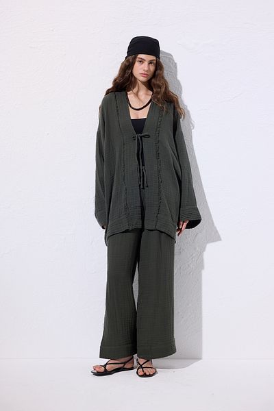 Manuka Muslin Wide Sleeve Kimono Dark Green