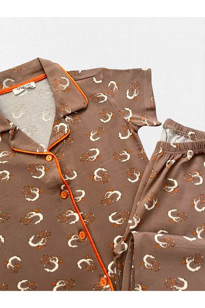 seamlife Girls' 100% Cotton Brown Chick Heart Pattern Shirt Collar Short Sleeve Seasonal Pajamas Set