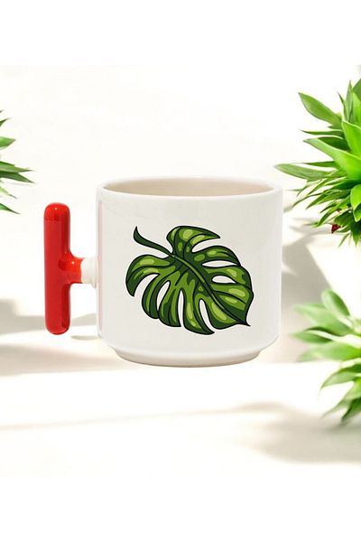 BB TRADE Green Plant Designed Red t Handle Ceramic Printed Mug Cup 250 ml