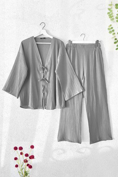 MODAQU Front String Laced Crinkle Kimono Trousers Double Set - Gray