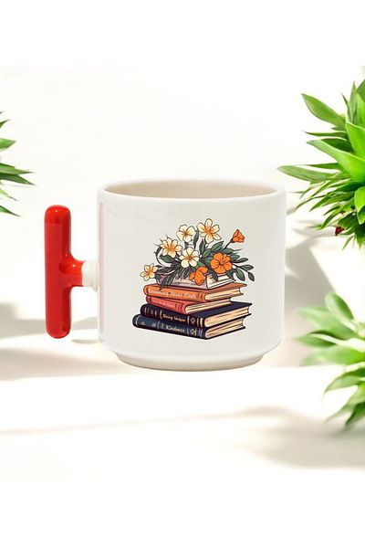BB TRADE Books Designed Red t Handle Ceramic Printed Mug Cup 250 ml