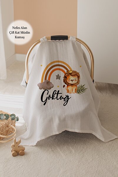 Lilabio %100 Pamuk İsme Özel Çift Katlı Müslin Puset Örtüsü - Aslan