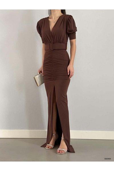 Modafeminen Double Breasted Neckline Belt Front Slit Sandy Dress 582464 Brown