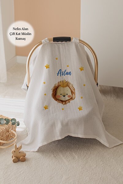 Lilabio %100 Pamuk İsme Özel Çift Katlı Müslin Puset Örtüsü - Aslan