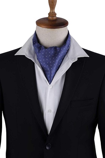 Kravatkolik Indigo Blue Polka Dot Pattern Italian Silk Ascot K650